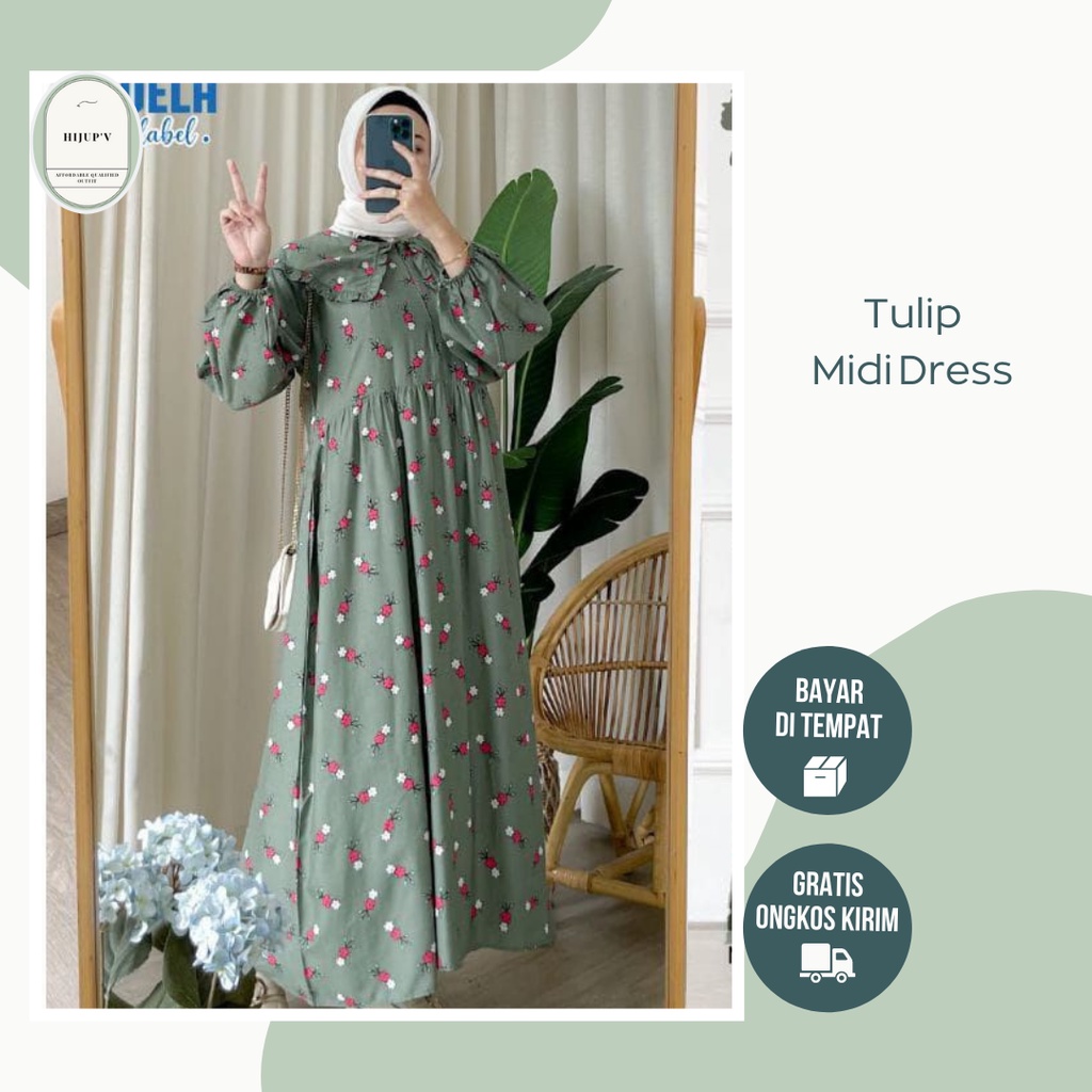 GAMIS MIDI DRESS RAYON VISCOSE MOTIF DISY BUSUI - TUNIK GAMIS MIDI DRESS RAYON MOTIF BUNGA TULIP UKU