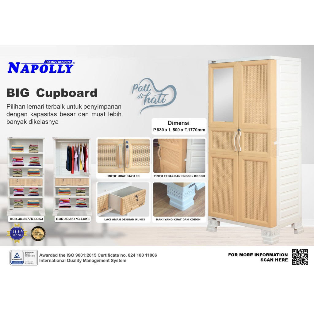 LEMARI PREMIUM NAPOLLY CERMIN (BCR 3D 8577 G/R LCK3)