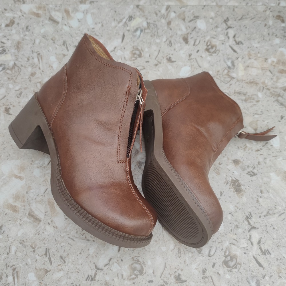 Korea Cantik Kulit Asli Sepatu Martin Boots Wanita Cewek PDH Kuliah Santai Resleting Hak Tinggi Casual Formal Mewah Kerja 202