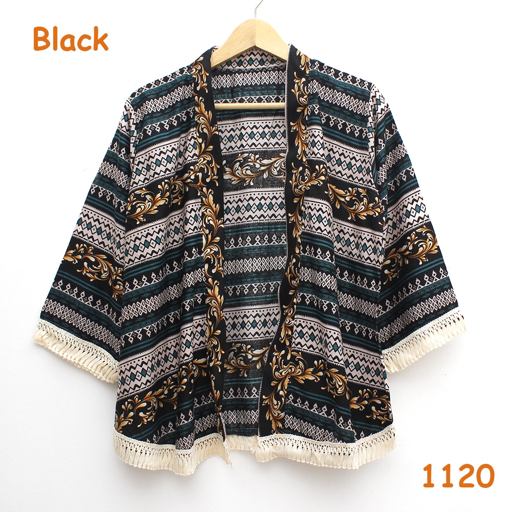 𝑱𝒂𝒌𝒂𝒓𝒕𝒂𝑭𝒂𝒔𝒉𝒊𝒐𝒏 cardigan outer batik tribal katun adem rumbai sisir keliling bohemian etnik boho styleO-1120 black