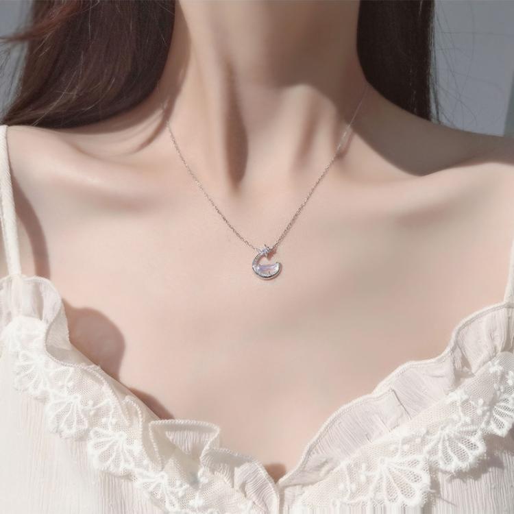 Kalung Rantai Klavikula Pendek Liontin Bulan Bintang Kristal Zircon Bahan 925 Silver Gaya Korea Untuk Wanita