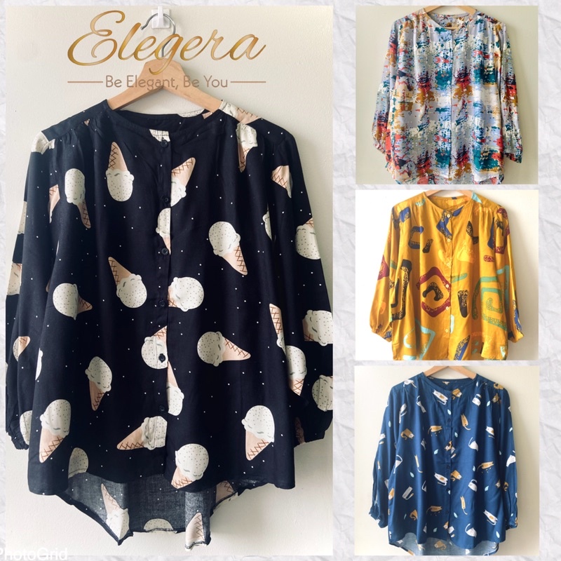 Blouse Wanita Motif Bunga Lengan Panjang Kerut Kancing Depan-3