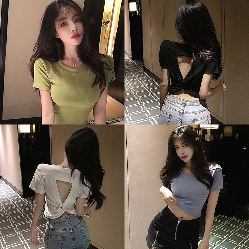 TT-shirt Wanita Baru Lengan Pendek Warna Solid T-shirt Pendek Backless Hollow Out Craftily-Dirancang