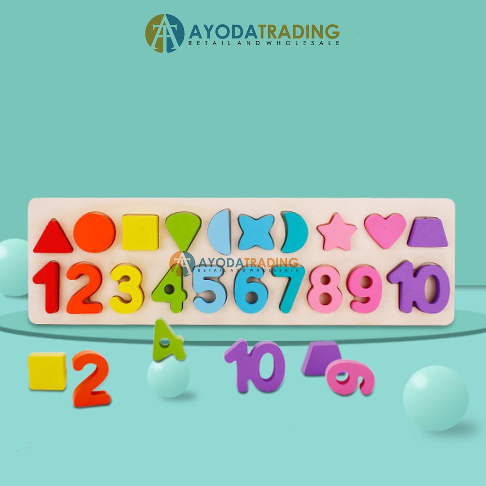 Montessori Wooden Number Shape Blocks Board Belajar Angka dan Bentuk