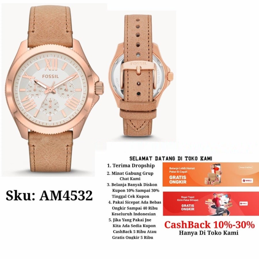 Sale Jam Tangan Wanita Fossil AM4532 - AM 4532 Baterai Stainless Gold Strap Leather Jam Wanita Tanga