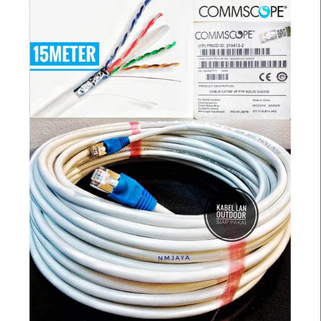 Commscope Kabel Lan Outdoor 15 meter FTP CAT5e siap pakai F/UTP Putih sudah dicrimping rj45 besi dan plug booth