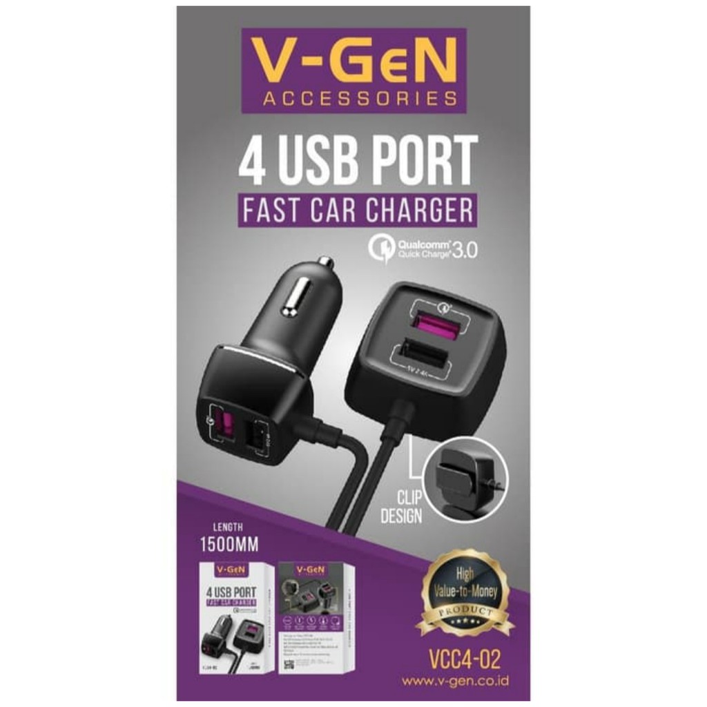 KHANZAACC VGEN VCC4-02 Car Charger Fast Charging QC3.0 4 USB Port