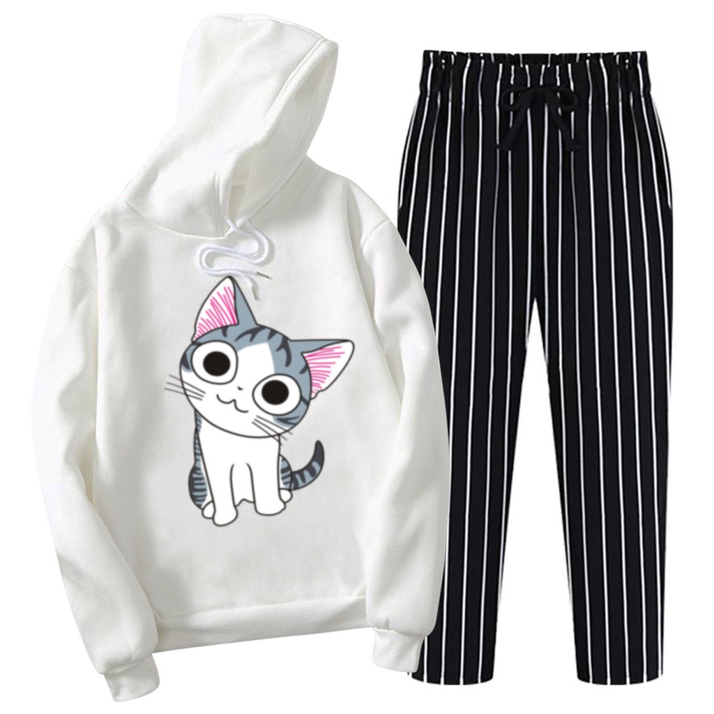 BESS - Setelan Hoodie Wanita Murah / Setelan Hoodie + Celana Salur Hitam - KIKU CAT