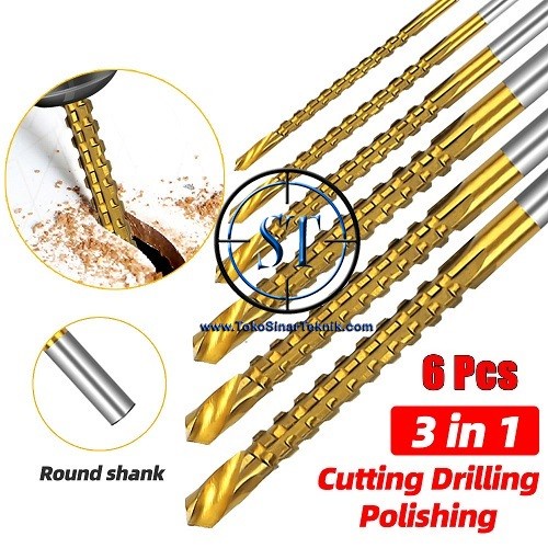 Mata Bor Potong Gergaji Lapis Titanium Couted 1 Set isi 6 Pcs Variasi Ukuran 3-8mm Cocok Untuk kayu Aluminium Plastik Akrilik.