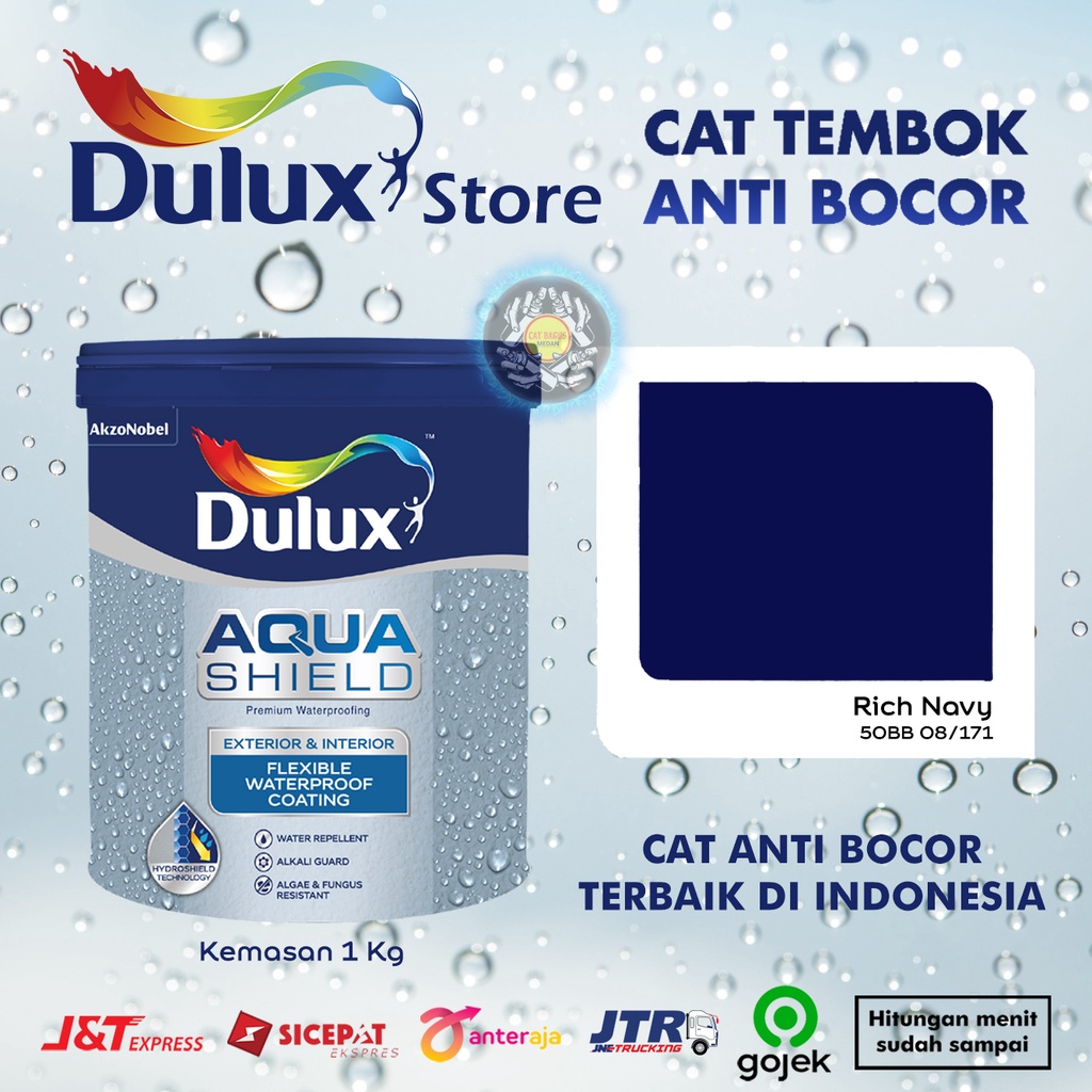 CAT TEMBOK ANTI BOCOR DULUX AQUASHIELD 2X LEBIH KUAT TAHAN CUACA WARNA RICH NAVY 50BB 08/171 BIRU TUA DONGKER BLUE 1KG 1 KG AQUA SHIELD EXTERIOR EKSTERIOR TAHAN AIR WATERPROOF CAT SENG TERMURAH DI MEDAN BINJAI