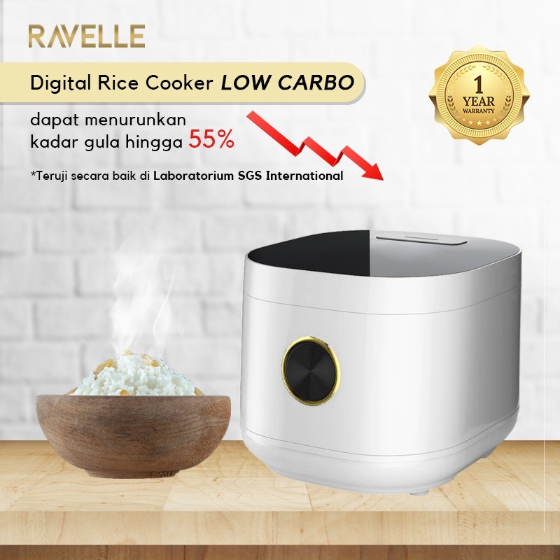 Ravelle Smart Digital Rice Cooker Low Carbo Low Sugar 3L - Pearl White