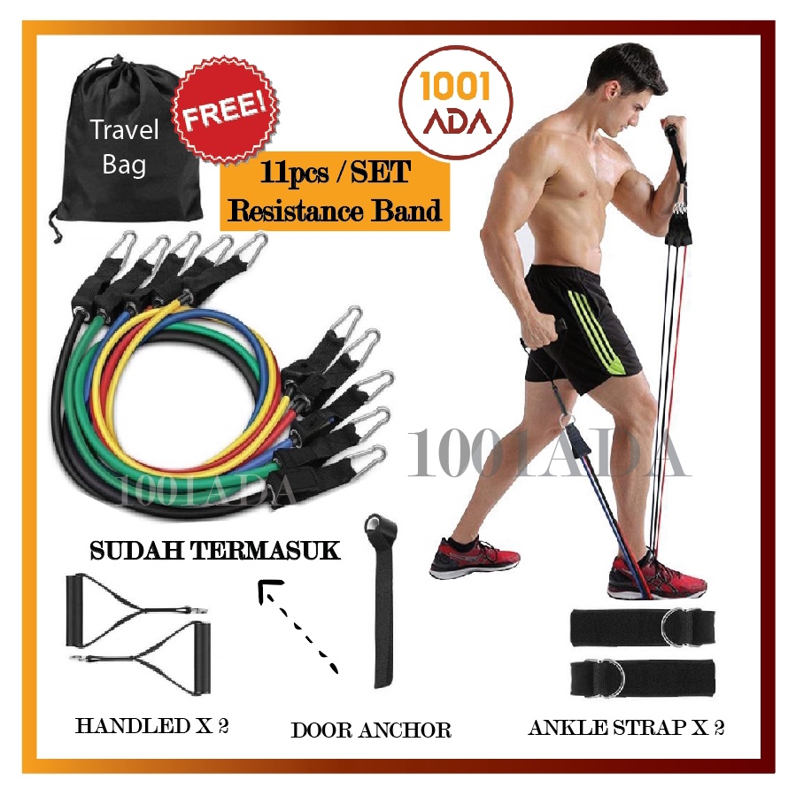 11 IN 1 PRO RESISTANCE BAND SET FITNESS GYM STRETCHING PULL ROPE RESISTANCR BAND Alat Olahraga PILATES YOGA