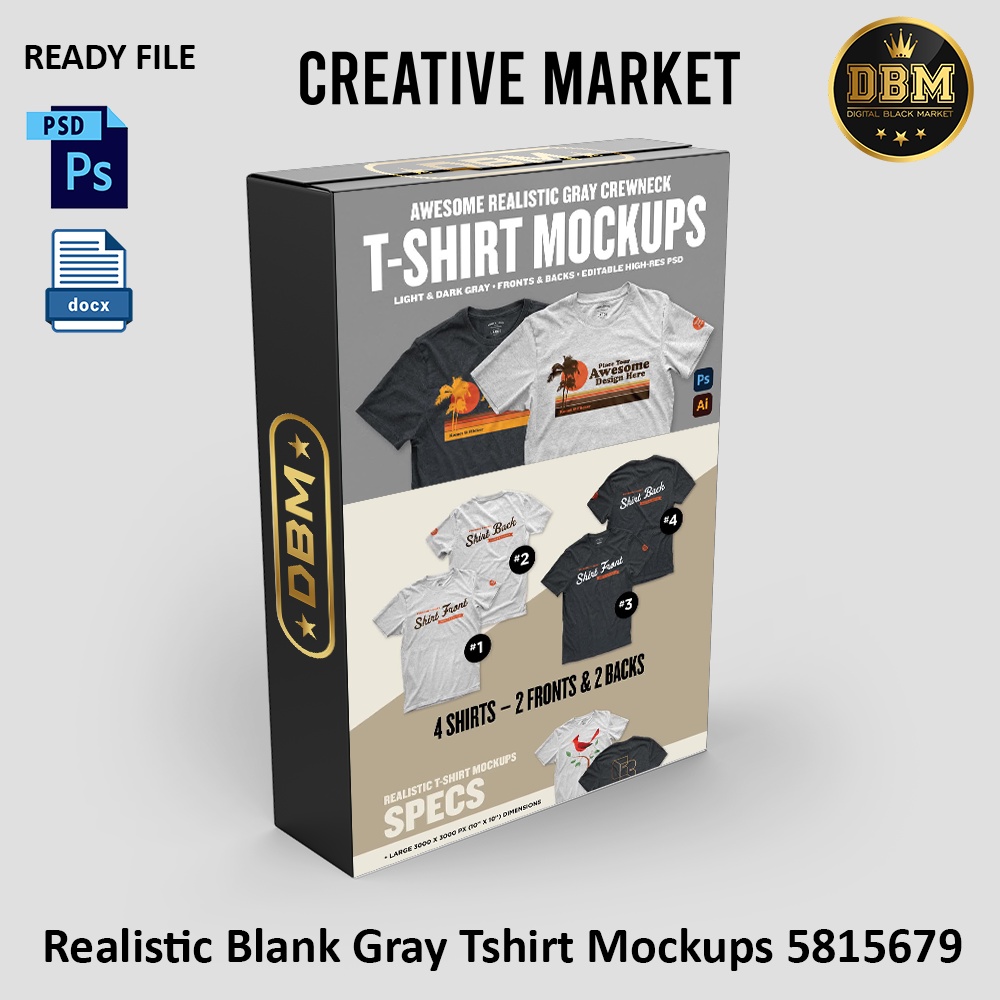 Realistic Blank Gray T-Shirt Mockups - Photoshop &amp; Illustrator