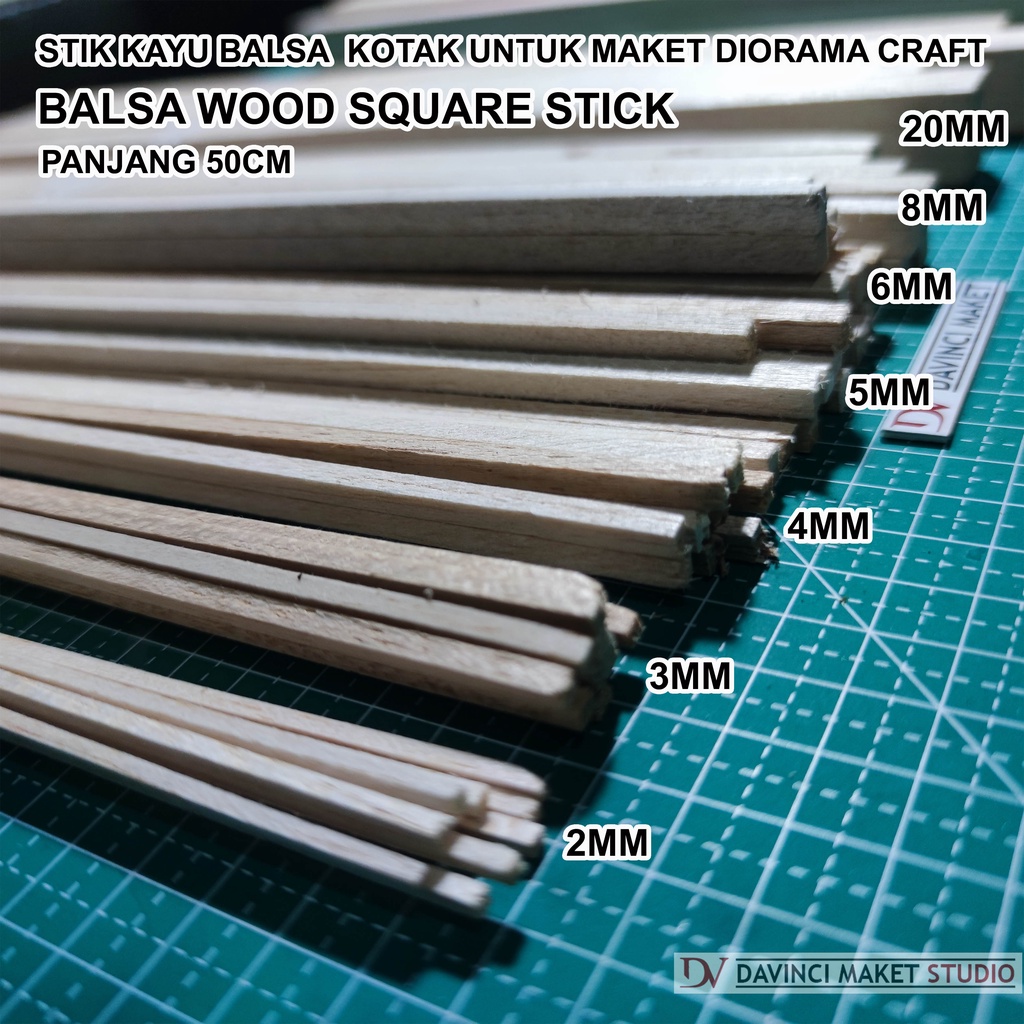 Balsa Wood Square Stick - Stik Kayu Balsa Kotak Persegi Balok 1mm 2mm 3mm 4mm 5mm 6mm 8mm 10mm 12mm 20mm x 50cm