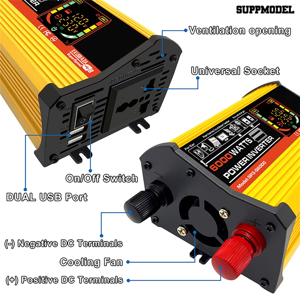 Power Converter 6000W DC12V to AC220V / 110V Dual USB Dengan Layar LCD Smart Display Untuk Mobil