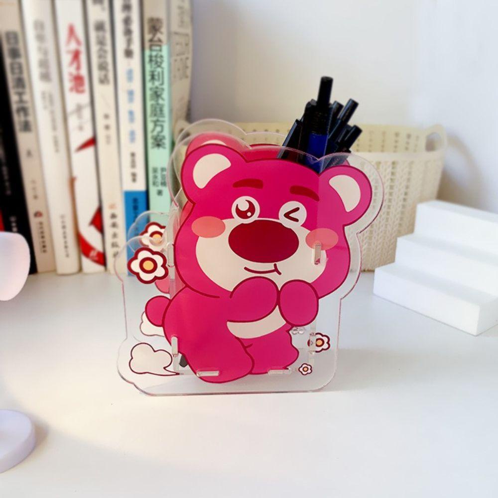 Lanfy Tempat Pensil Kartun Acrylic Strawberry Bear Wadah Meja Lipstik Multifungsi Organizer Alat Tulis