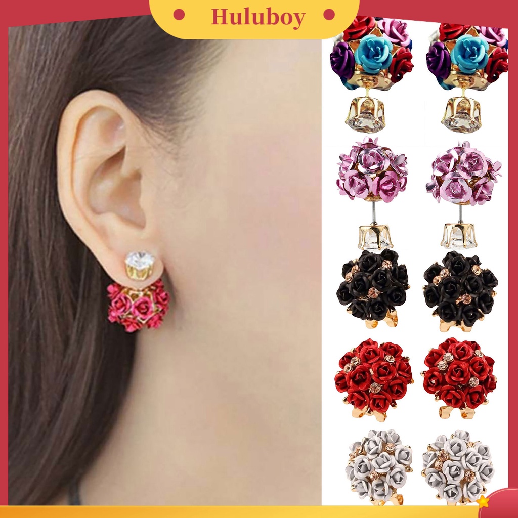 Hu Hu Hu Hu Hu Alat Bantu Pasang Kacamata♡ Anting Tusuk Desain Bunga Mawar Bahan Alloy Hias Berlian Imitasi Untuk Wanita