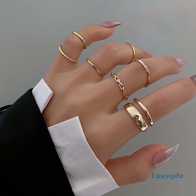 Fancyqube 7pcs / Set Cincin Model Hollow Bulat Terbuka Bahan Metal Untuk Wanita