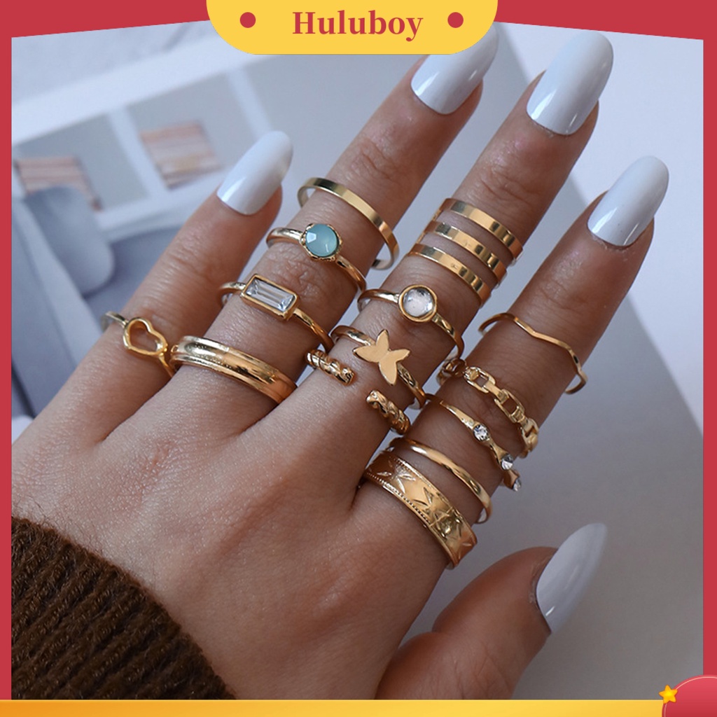 Hu Hu Hu Hu Hu Alat Bantu Pasang Kacamata♡ 14pcs Cincin Knuckle Bentuk Hati Electroplating Dapat Ditumpuk Untuk Unisex