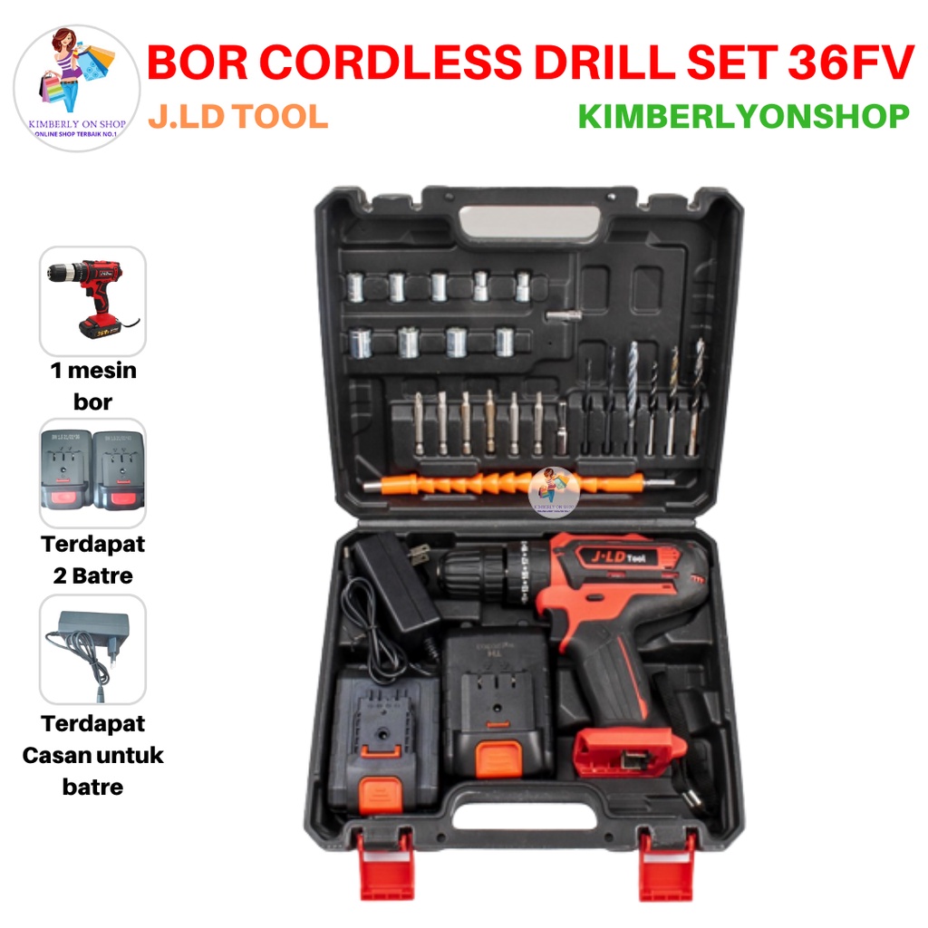 Mesin Bor Baterai Bor Listrik Baterai Cas 36 VF JLD Cordless Drill Set