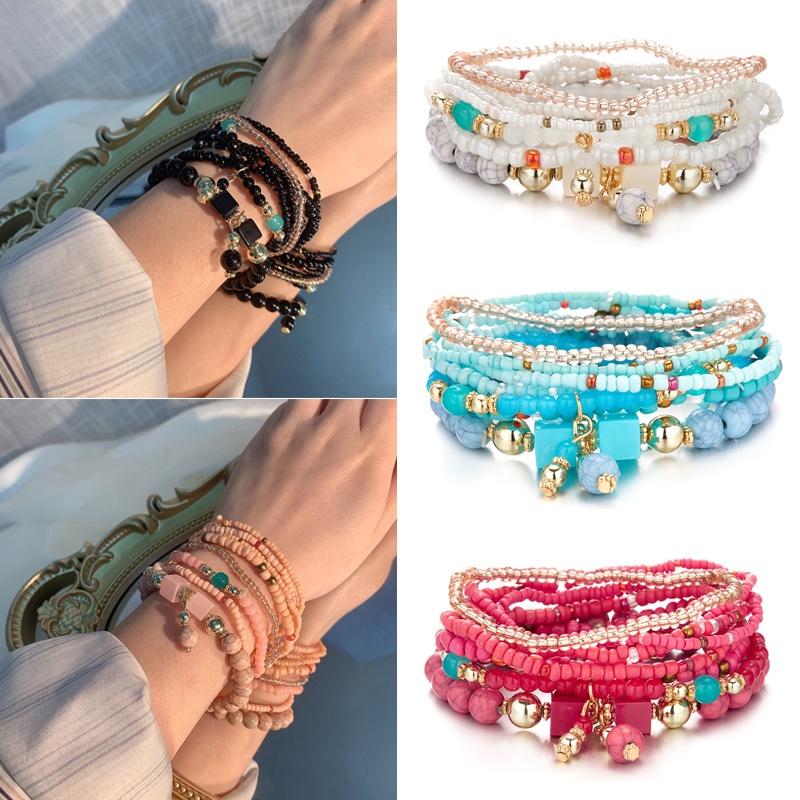 8pcs / Set Gelang Manik-Manik Batu Kristal Warna-Warni Multilayer Gaya Bohemia Etnik Untuk Wanita