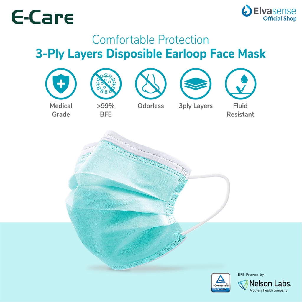 Masker Medis 3Ply (Earloop) E-Care 30pcs, BFE 99% by Nelson Labs.