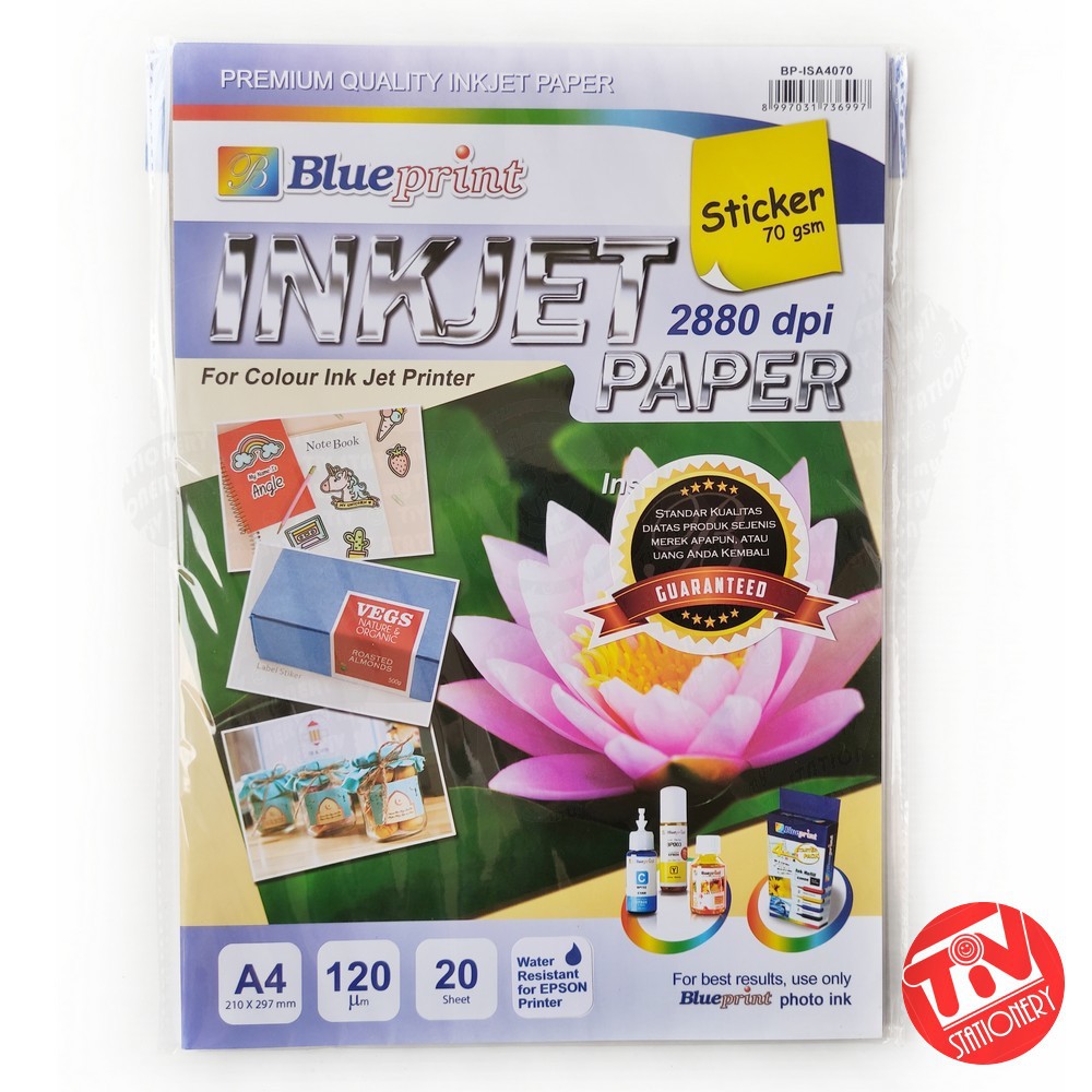 

Sticker Inkjet Blueprint Doff A4 120 micron (1 pack = 20 lembar)