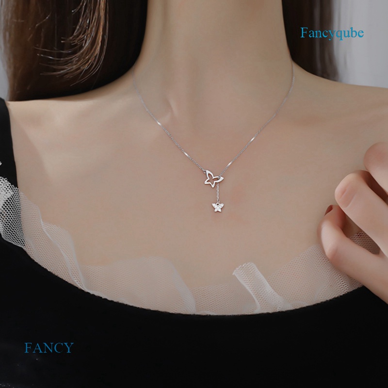 Kalung Rantai Klavikula 925 Sterling Silver Model Rumbai Kupu-Kupu Aksen Berlian Untuk Wanita