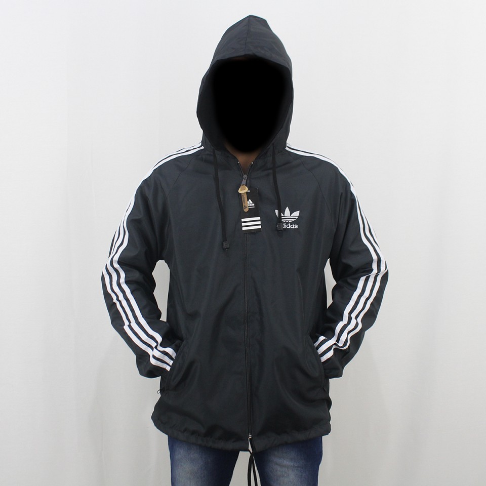 JAKET ADIDAS PARASUT WINDBREAKER HITAM LIST PUTIH  - JAKET PARASUT RUNNING - JAKET OLAH RAGA XL XXL