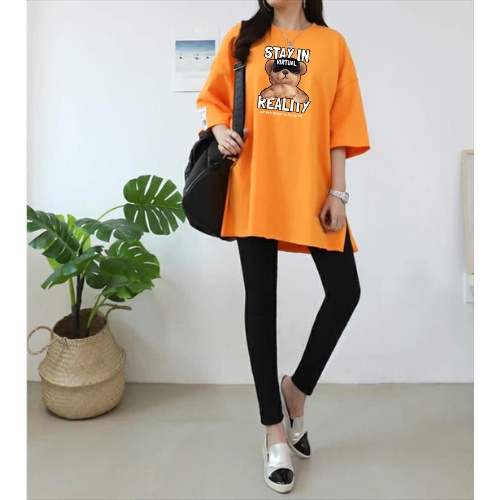 Kaos Oversize Wanita TEDDY STAY VIRTUAL Belah Samping Jumbo XXL