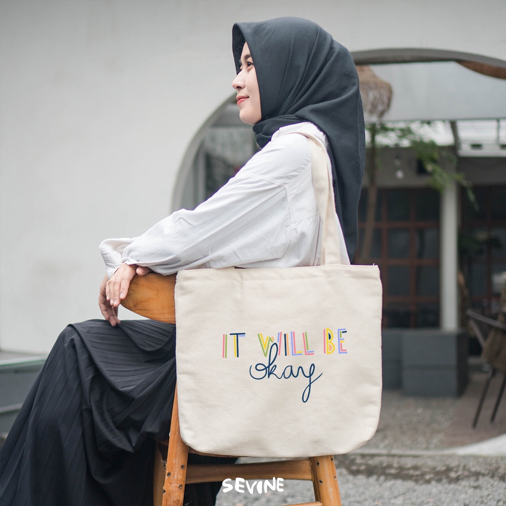 Sevine Tote Bag Kanvas Emily Resleting Kantong Tas Laptop Wanita Kuliah Sekolah Fashion Totebag Kerja Quotes Cute Rainbow Aesthetic - RF