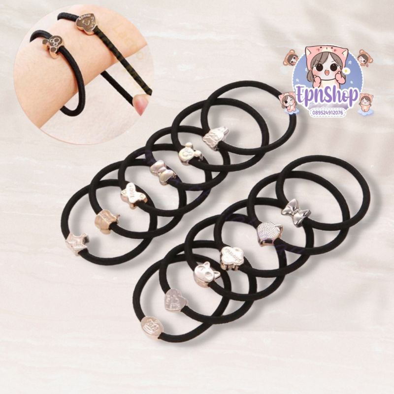 Ikat Rambut Karet Wanita Korea Karakter Kuncir Rambut Gelang Hitam [1 Pcs]