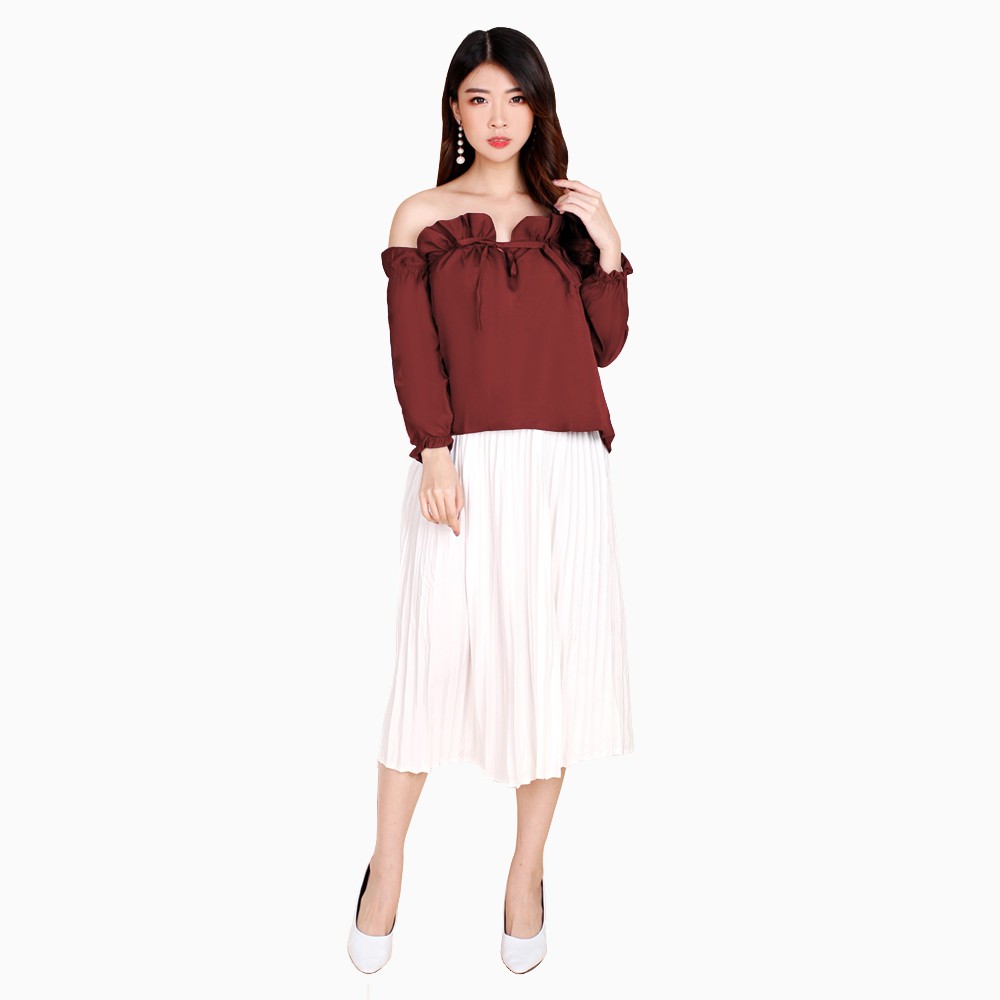 Blouse lengan Panjang wanita Gaya Korea model open shoulder - XSHOP Eunhee