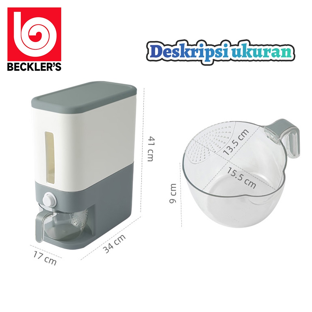 Beckler's Dispenser Tempat Beras Kapasitas 12KG Free Wadah / Rice Dispenser Tempat Wadah Penyimpanan