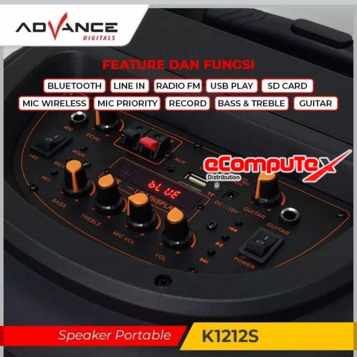 SPEAKER ADVANCE PORTABLE K-1212S K1212S BLUETOOTH 12 INCH KOPER +2 MIC WIRELESS GARANSI RESMI