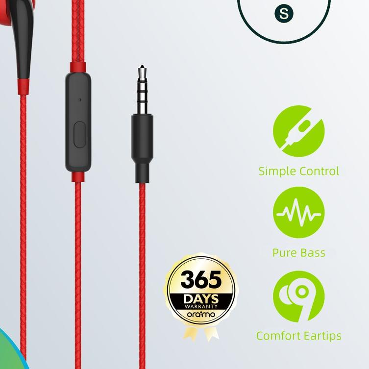 ➼ Oraimo Headset / In-Ear Earphone / Handsfree dengan Mic Universal 3.5mm OEP-E21N Black & Red ☑