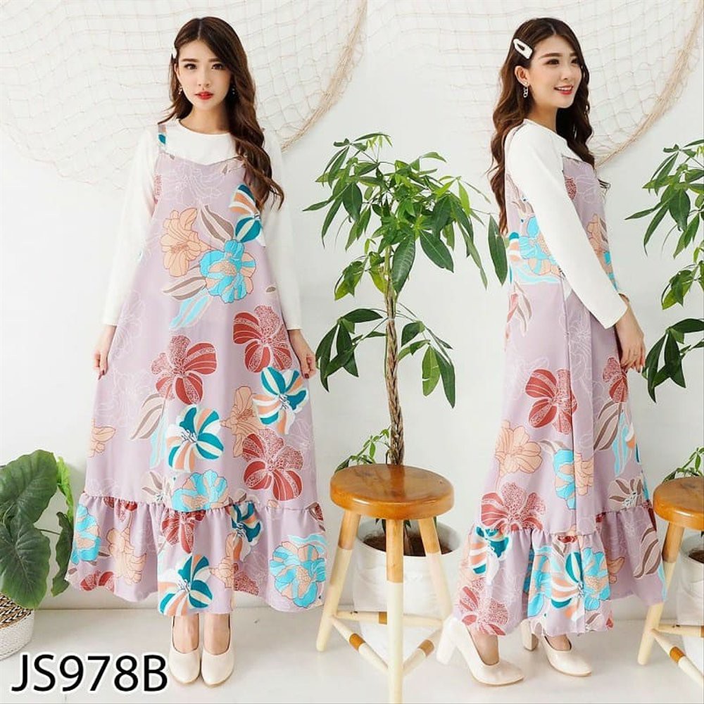 JS978B JUMPSUIT ROK PANJANG WANITA OVERALL MOTIF BUNGA TANPA LENGAN