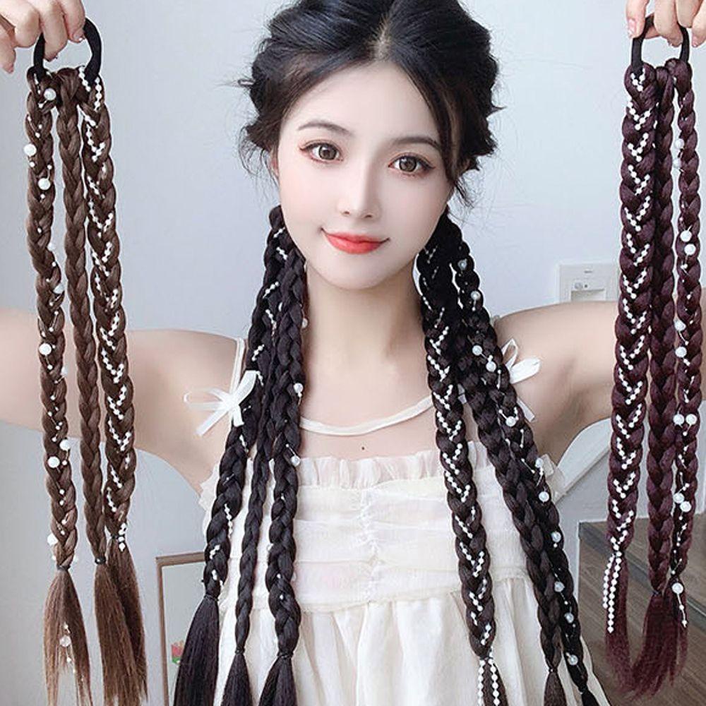 Needway   Wig Kepang Sintetis Streetwear Rambut Lampion Elastis Untuk Anak Perempuan Rambut Gimbal Krean Hair Band