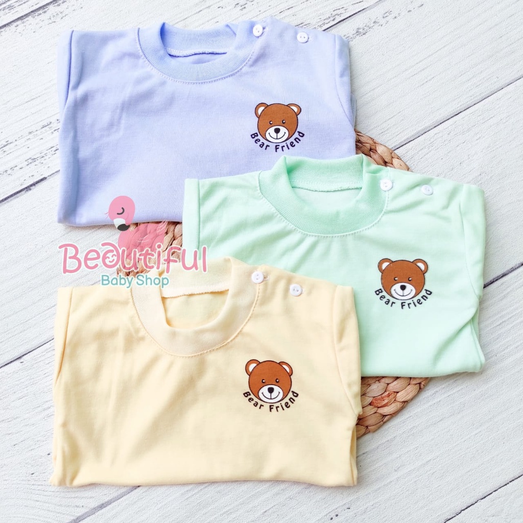 Setelan Pendek Bayi 3-12 Bulan Motif Polos Bear / Baju Bayi Pendek / Setelan Harian Bayi / Kaos Oblong Bayi &amp; Anak Kancing Pundak / Baby.ou