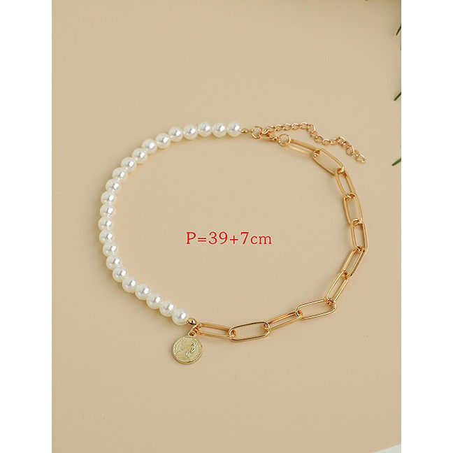 LRC Kalung Wanita Fashion Gold Color Alloy Double Pearl Cross Necklace P03025