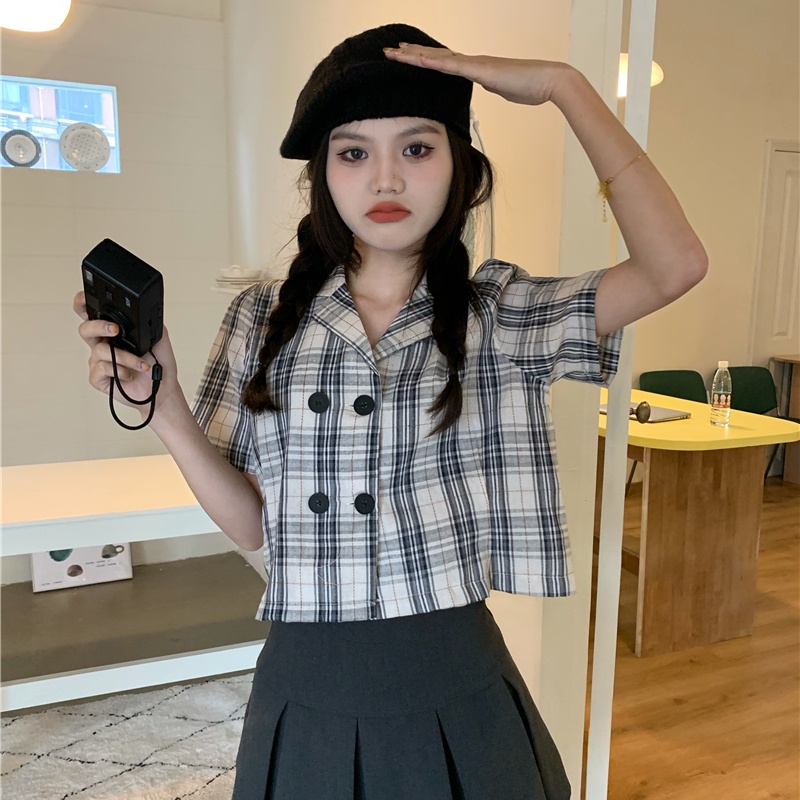 yikoo-Kemeja kotak-kotak kerah retro korea lengan pendek wanita