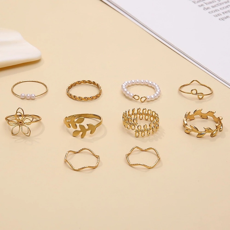 10pcs / Set Cincin Desain Bunga / Daun / Tanaman Rambat Hollow Hias Mutiara Imitasi Untuk Wanita