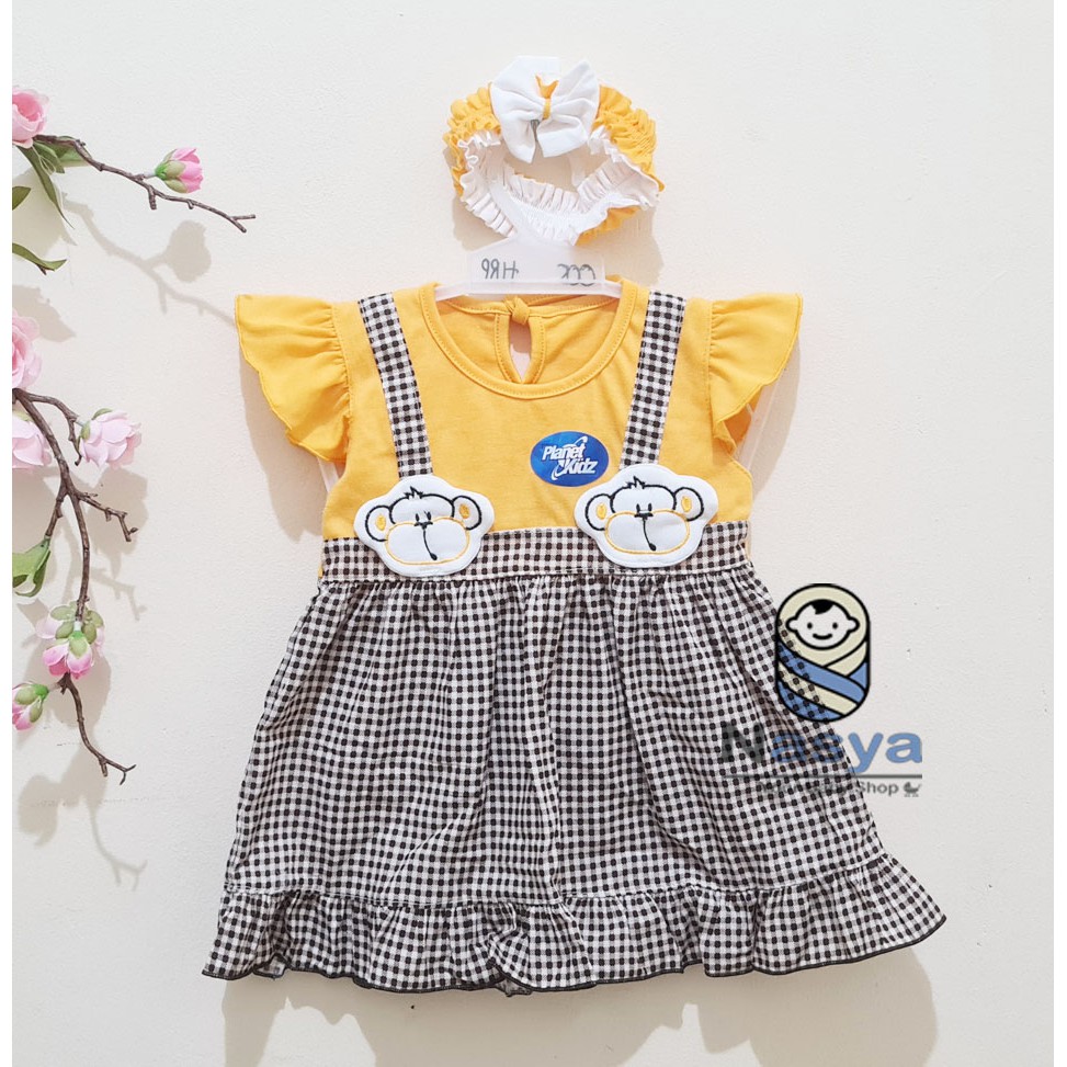 [P-015] Baju Bayi Model Dress MURAH baby girl (0-6 bulan) + Bandana-Monyet Kuning Coklat