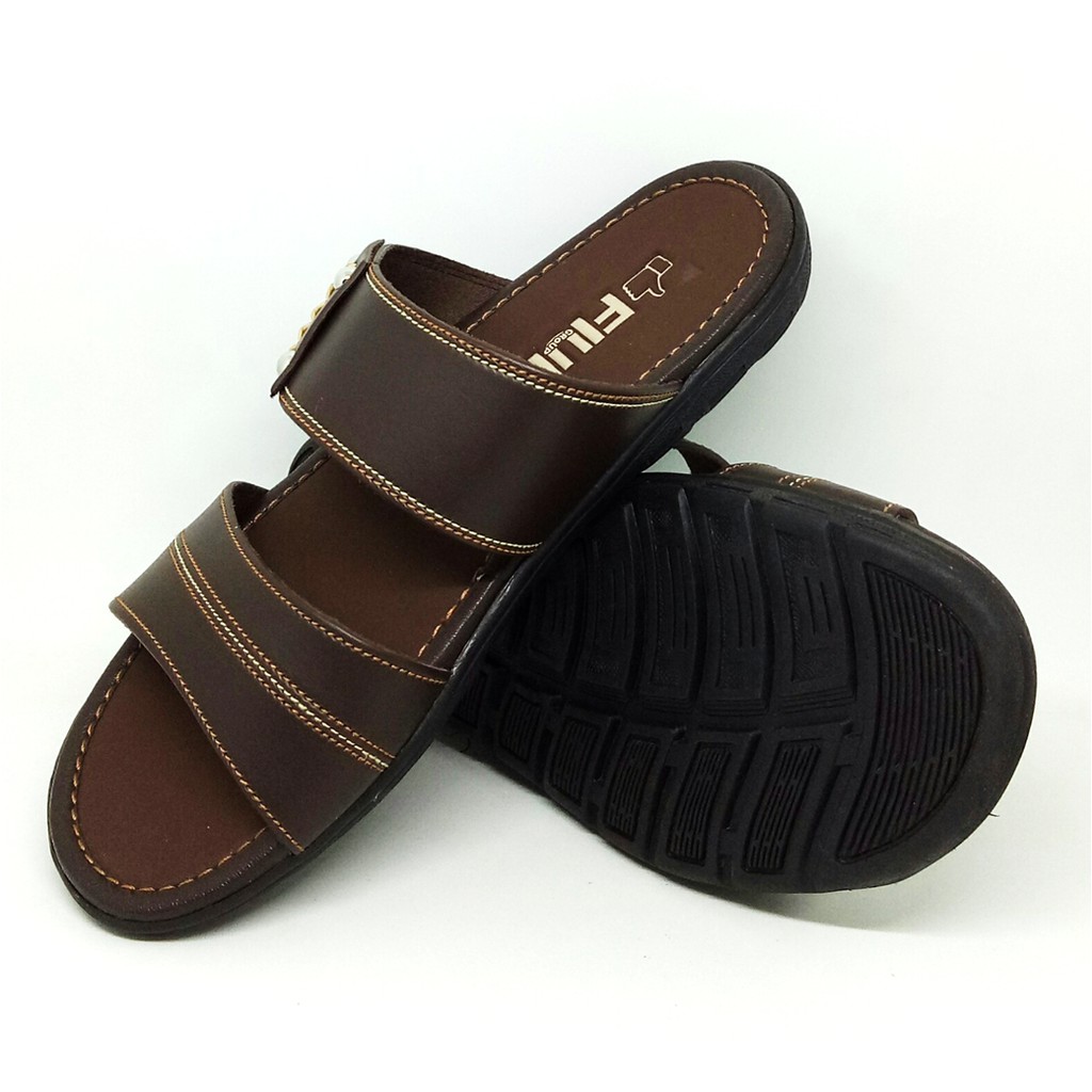 FIURI - Sandal Double Slip On Coklat - Sandal Casual Pria Kulit