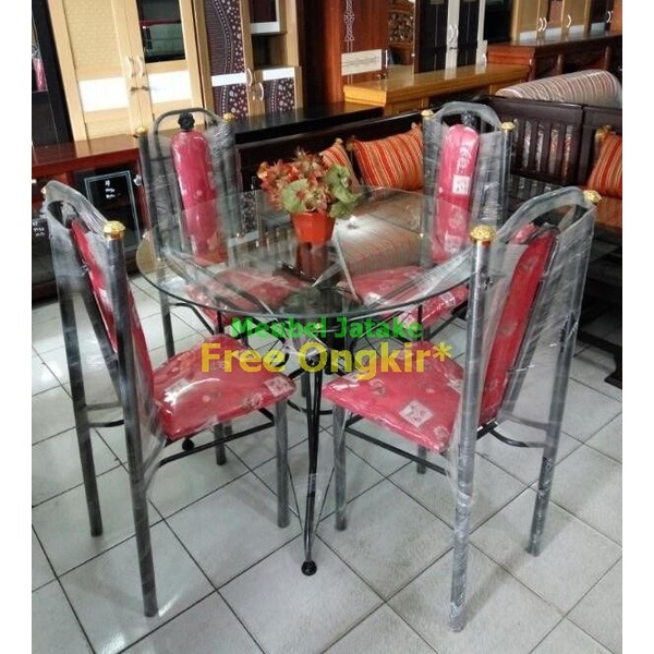 Meja Makan - Meja Makan Ca Kaca Bulat, Kursi 4 Bagus Murah