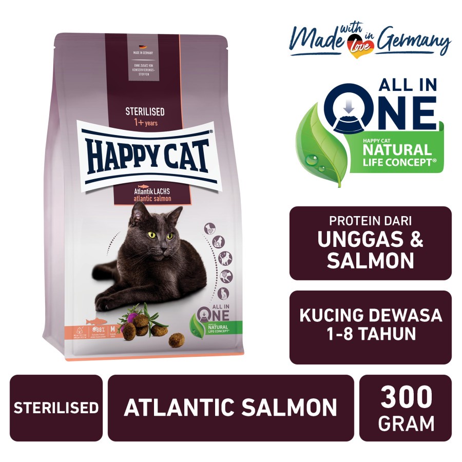 Happy Cat Sterilised Atlantic Salmon 300gr -Makanan Kucing Steril 300g