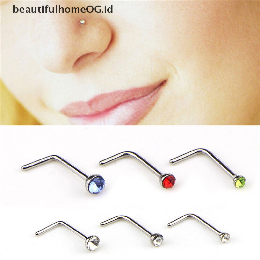 60pcs / Set Cincin Tindik Hidung Bentuk L Bahan Stainless Steel Hias Kristal