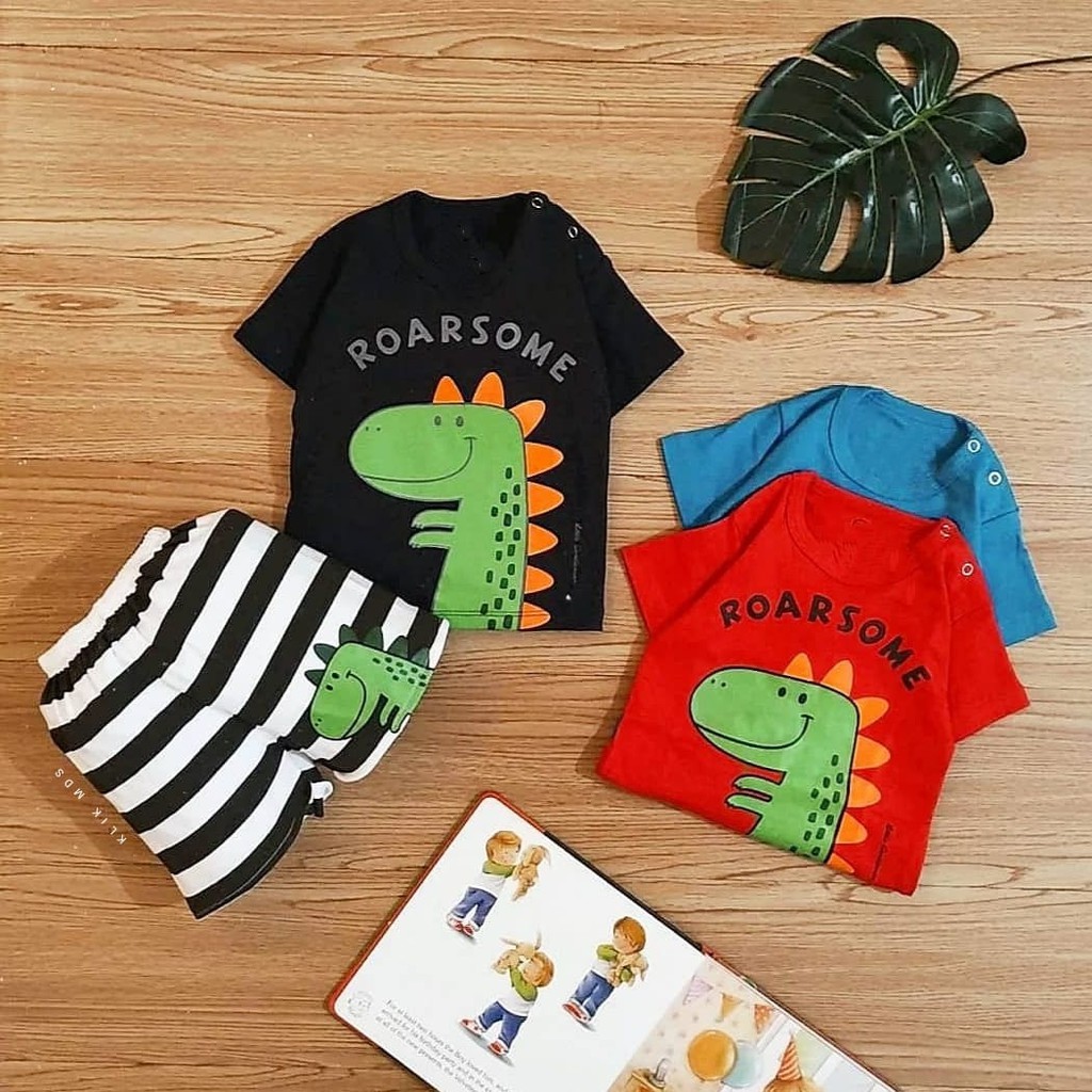 Klik Mds Setelan Baju Anak Bayi Laki-laki Atasan Dan Celana Motif Karakter Roar Some Dino / 1 Ukuran