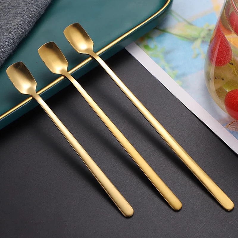 1pc Sendok Teh / Kopi / Es Krim / Dessert Bahan Stainless Steel Bentuk Persegi Gagang Panjang Untuk Dapur