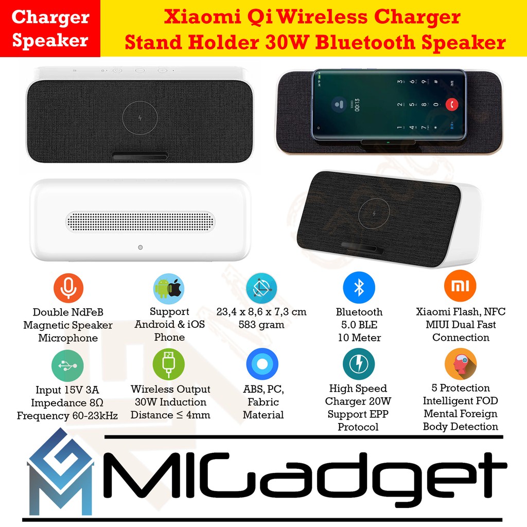 Qi Wireless Charger Stand Holder 30W with Bluetooth Speaker